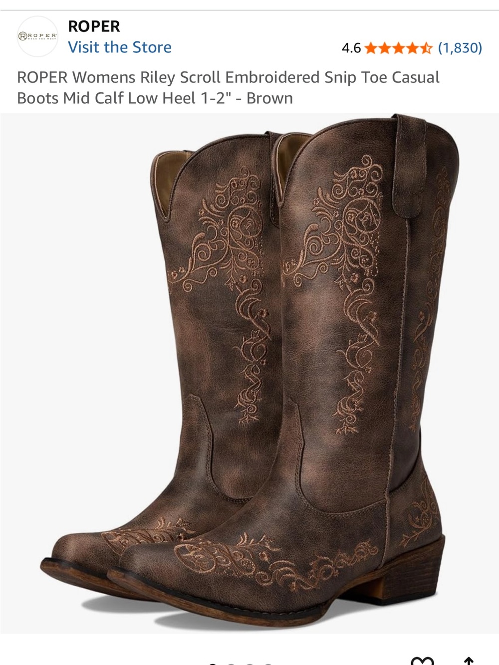 Roper Brown Embroidered Mid-Calf Western Boots